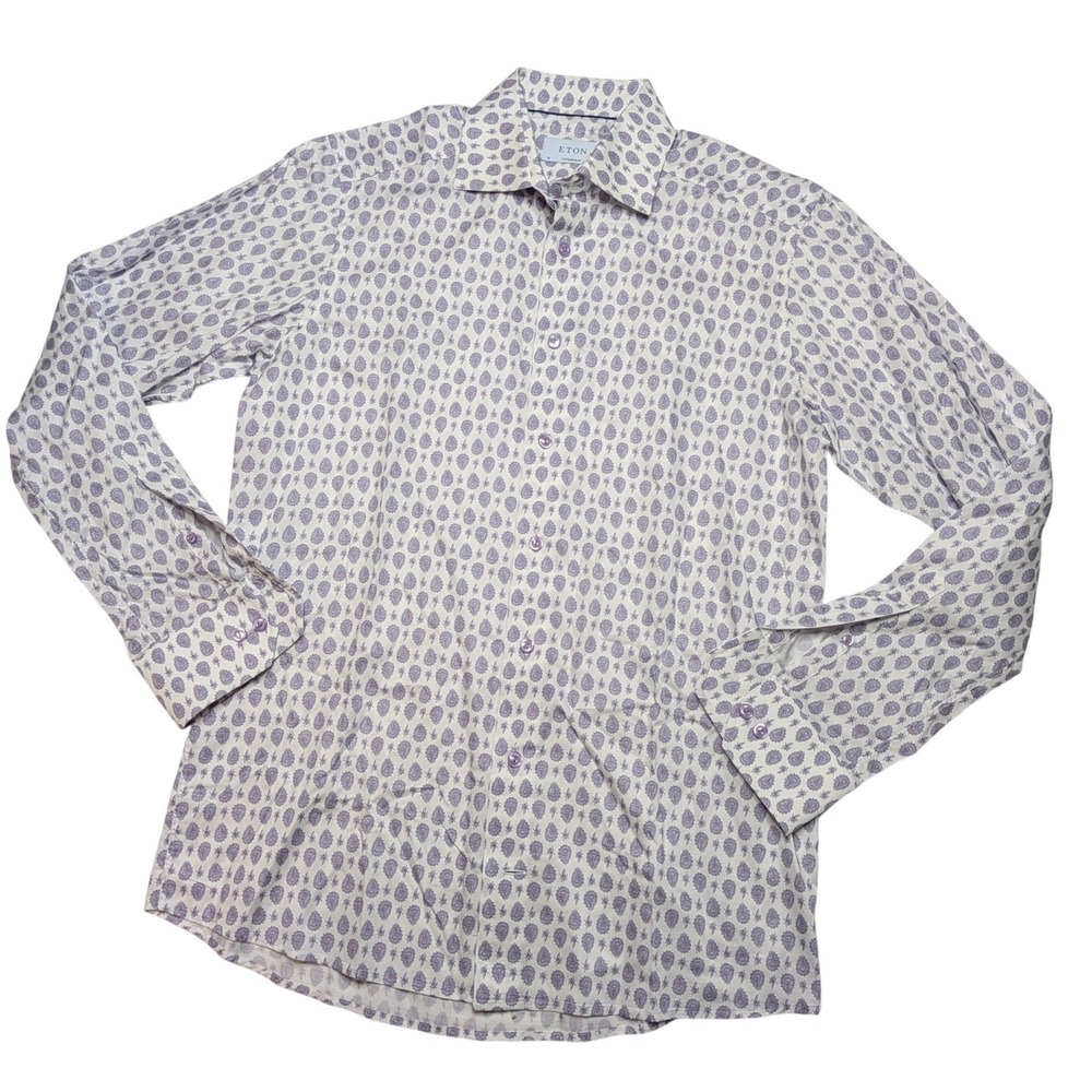 Eton Contemporary Fit Paisley Shirt Men's 15 38 White Purple Cotton Romania